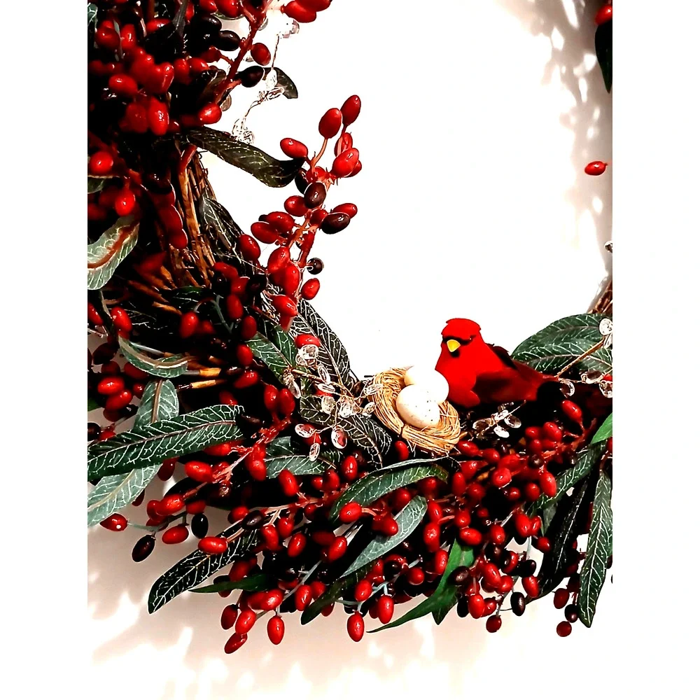 Winter Berries Door Wreath Realistic Red CARDINAL‎ Egg Nest Holiday Ice Crystals